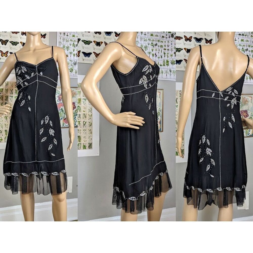 Vintage 90s y2k Sue Wong Silk Midi Dress Silver Beaded Dark Fairycore Size 6 - Picture 12 of 12